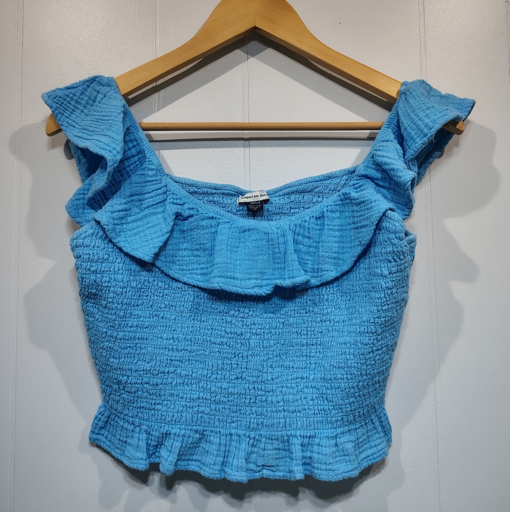 American Eagle‎ Blue Smocked Ruffle Crop Top Medium 100% Cotton Summer Tank